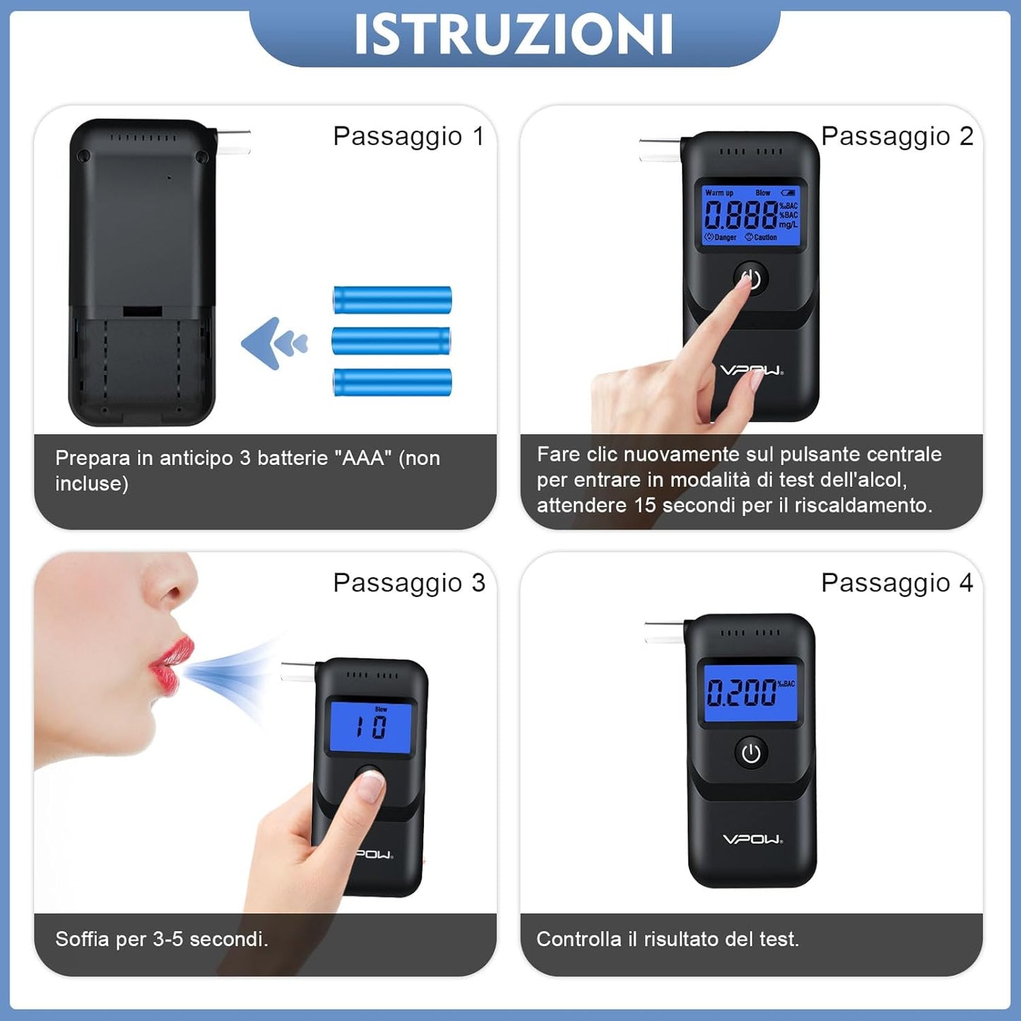 VPOW Etilometro Portatile Certificato, Alcol Test con Display LCD Blu Digitale - Medical Net Store