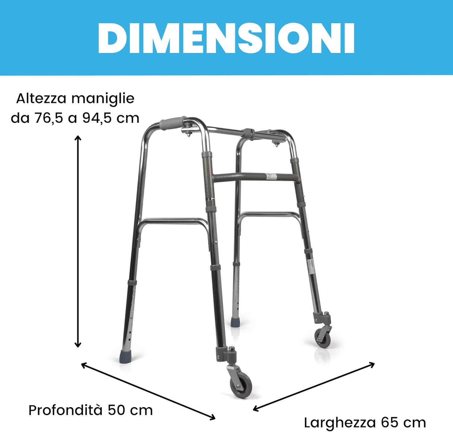 Deambulatore pieghevole, regolabile in altezza con 2 ruote piroettanti e 2 punt - Medical Net Store