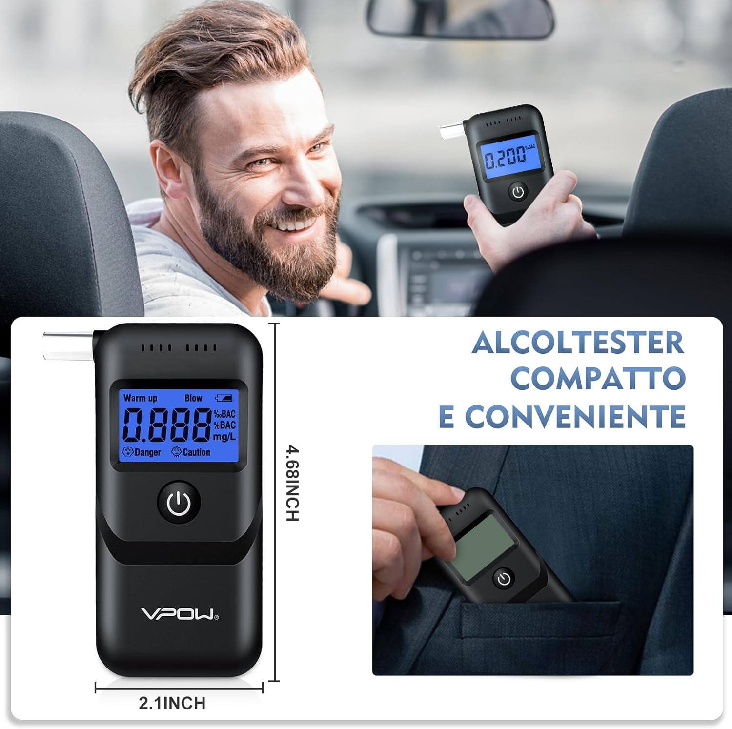 VPOW Etilometro Portatile Certificato, Alcol Test con Display LCD Blu Digitale - Medical Net Store