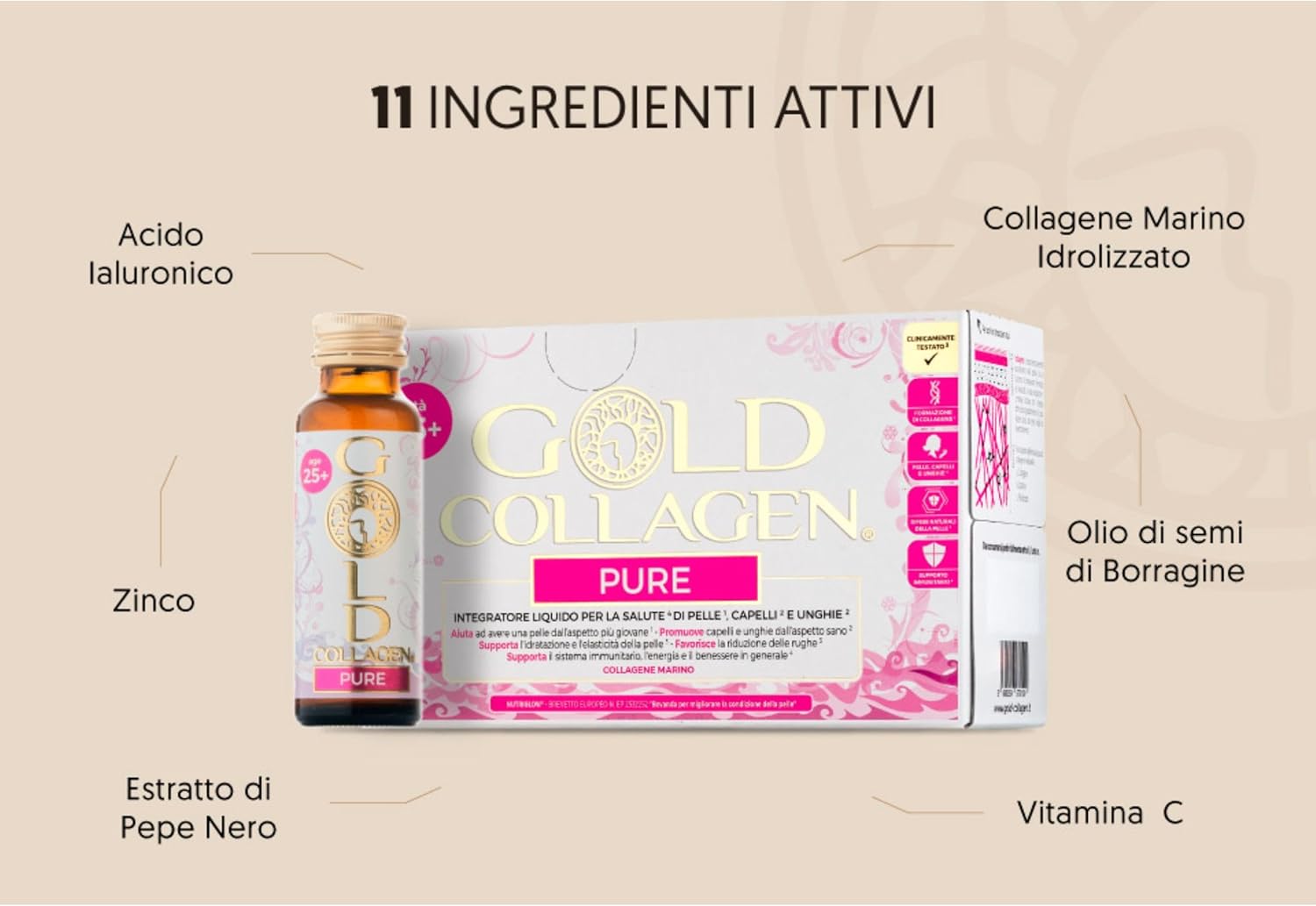 GOLD COLLAGEN Pure - Integratore Liquido Collagene Marino  1 Pack 10x50 ml - Medical Net Store