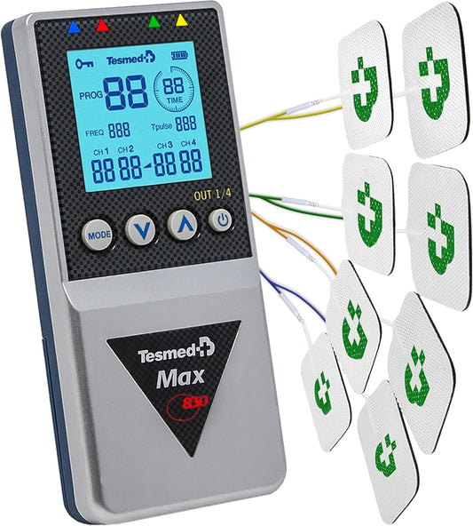 TESMED Max 830: Elettrostimolatore Muscolare Professionale Tens / EMS / Massaggio con Stimolazioni Sequenziali, 4 Canali, 115 Programmi di cui 20 Personalizzabili, Ricaricabile, Inclusi 20 Elettrodi