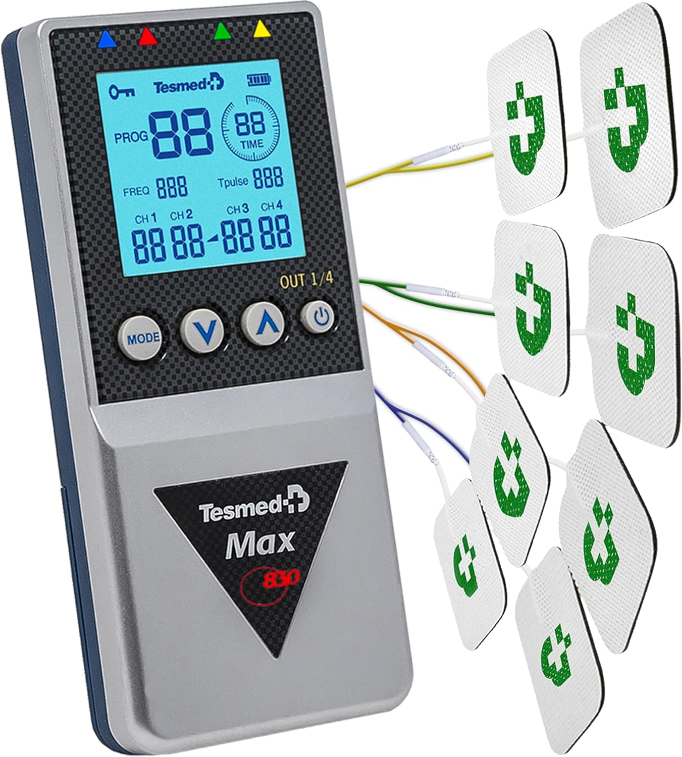 TESMED Max 830: Elettrostimolatore Muscolare Professionale Tens / EMS / Massaggio con Stimolazioni Sequenziali, 4 Canali, 115 Programmi di cui 20 Personalizzabili, Ricaricabile, Inclusi 20 Elettrodi