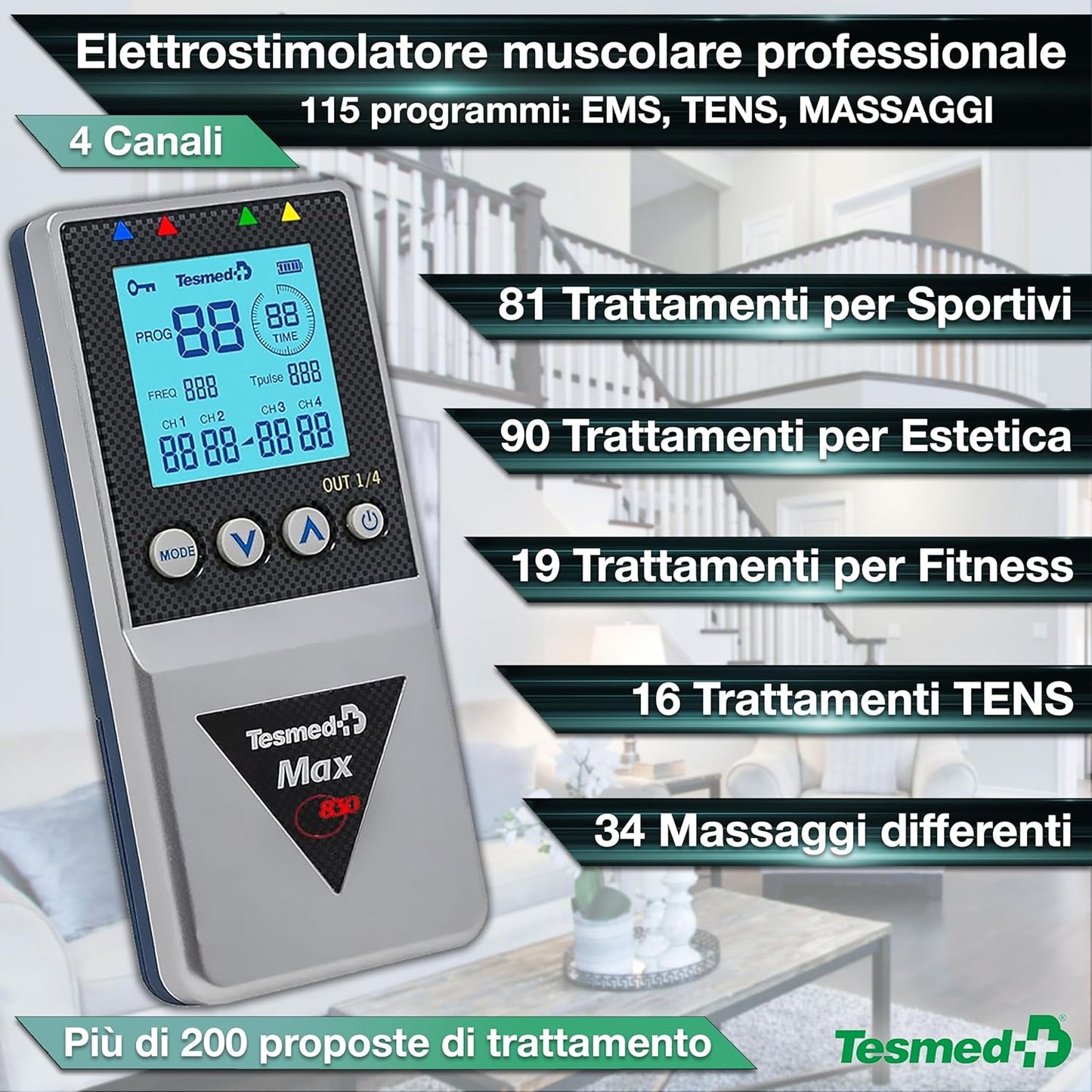 TESMED Max 830: Elettrostimolatore Muscolare Professionale Tens / EMS / Massaggio con Stimolazioni Sequenziali, 4 Canali, 115 Programmi di cui 20 Personalizzabili, Ricaricabile, Inclusi 20 Elettrodi