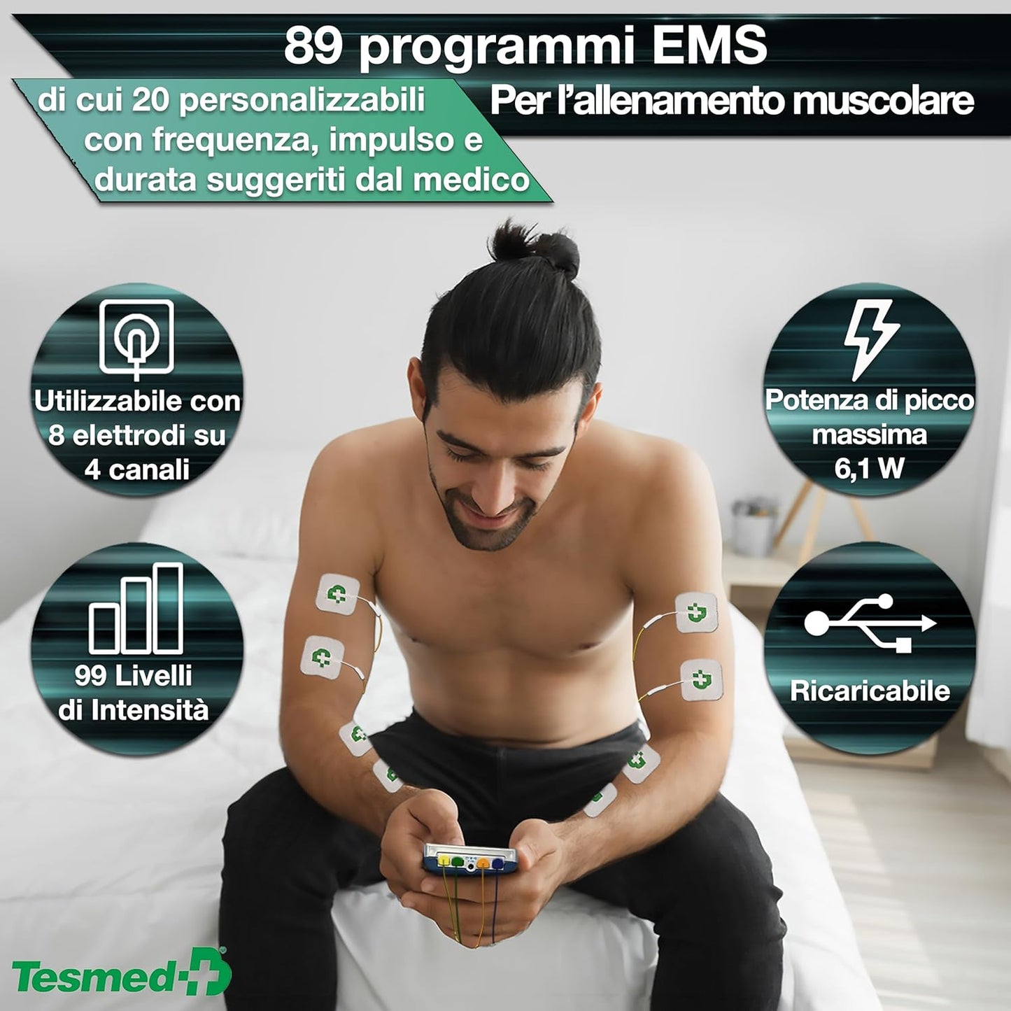 TESMED Max 830: Elettrostimolatore Muscolare Professionale Tens / EMS / Massaggio con Stimolazioni Sequenziali, 4 Canali, 115 Programmi di cui 20 Personalizzabili, Ricaricabile, Inclusi 20 Elettrodi