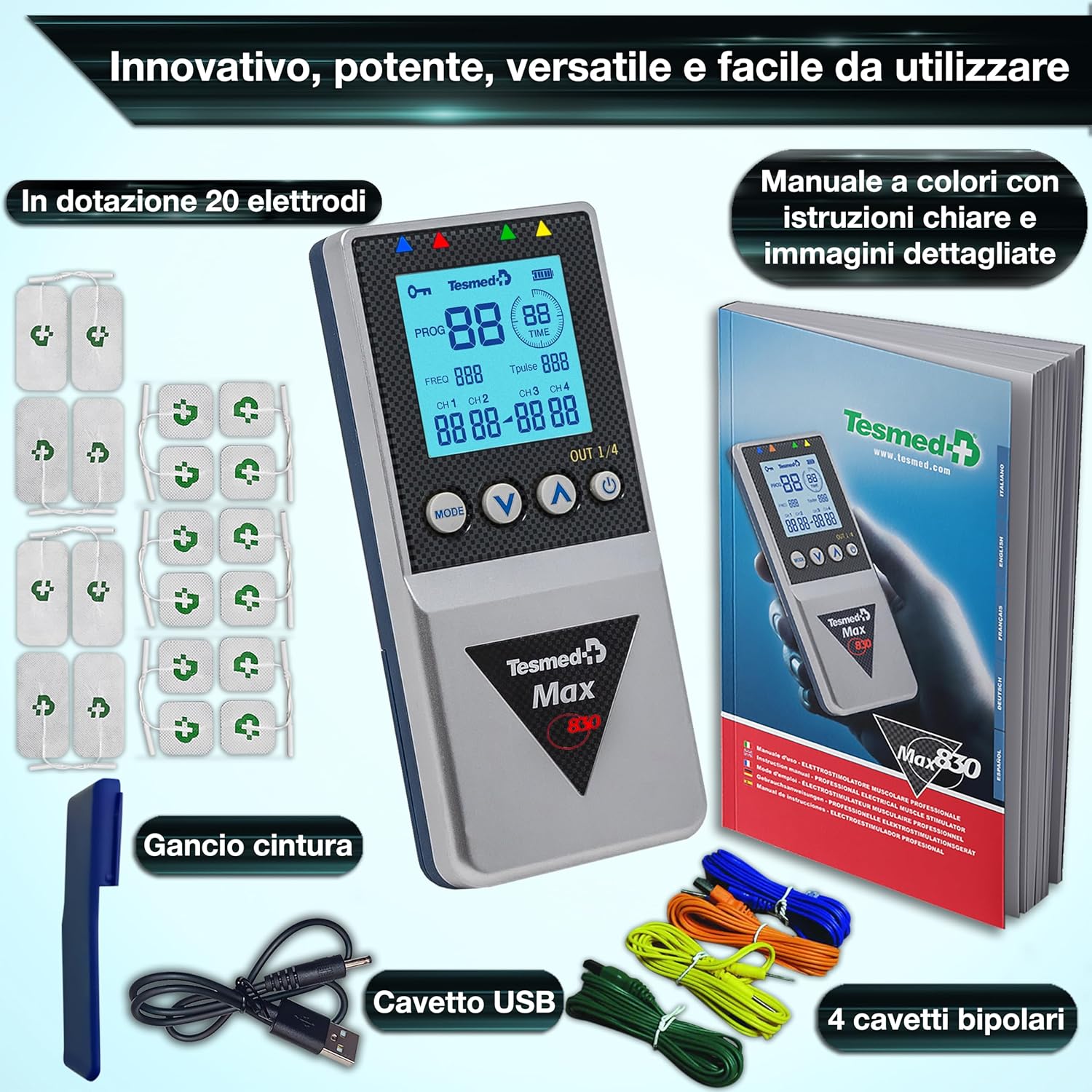 TESMED Max 830: Elettrostimolatore Muscolare Professionale Tens / EMS / Massaggio con Stimolazioni Sequenziali, 4 Canali, 115 Programmi di cui 20 Personalizzabili, Ricaricabile, Inclusi 20 Elettrodi