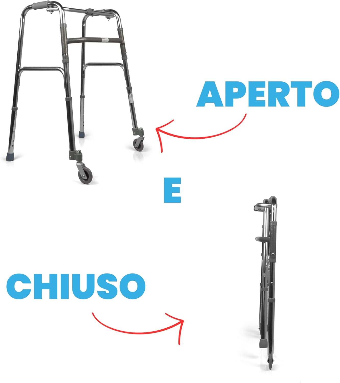 Deambulatore pieghevole, regolabile in altezza con 2 ruote piroettanti e 2 punt - Medical Net Store