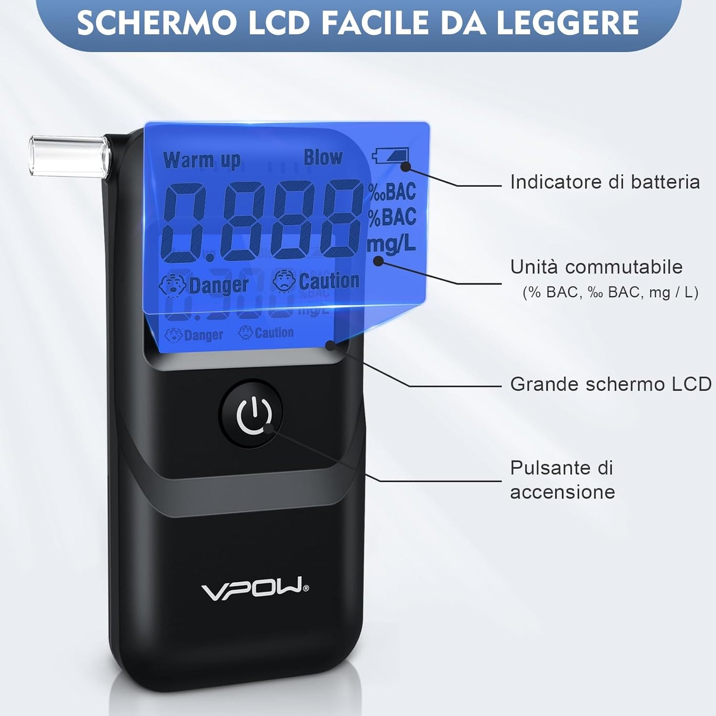 VPOW Etilometro Portatile Certificato, Alcol Test con Display LCD Blu Digitale - Medical Net Store